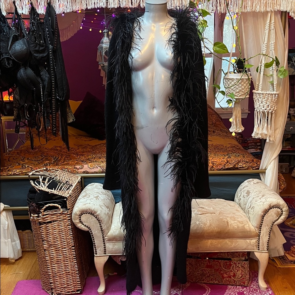 Vintage Goth black marabou feather trim mohair wool cardigan duster jacket - Picture 3 of 5